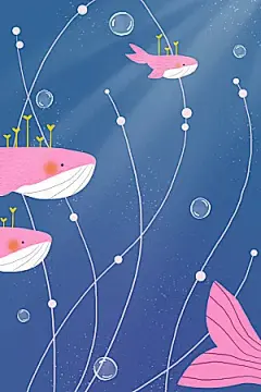 唯美水彩卡通晚上蓝鲸鱼插画海报