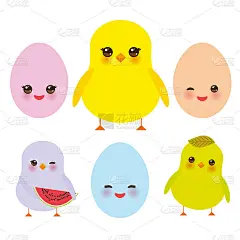 可爱的彩色蓝、绿、橙、粉、黄鸡蛋和小鸡，粉红色的脸颊和闪烁的眼睛，在白色的背景上颜色柔和。向量