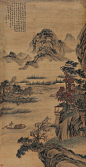 明 项元汴 春溪舟游图
【水天相映淡浟溶，隔水青山数万重。白鸟背人秋自远，苍烟和树瞑逾浓。桐庐道次七里濑，彭蠡湖间五老峰。辍棹迟回比未得，上方精舍动疏钟。水痕秋落蟹螯肥，闲过黄公酒舍归。鱼觉船行沉草岸，犬闻人语出柴扉。苍山半带寒云重，丹叶疏分夕照微。却忆清溪谢太傅，当时未解惜蓑衣。】