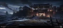 Ghost of Tsushima - Castle Kaneda Entrance, Mitch Mohrhauser : The entrance for Castle Kaneda. The mongols had just overtaken the castle, so I wanted to depict it by clearing out the brush and trees and scarring the land that leads to the entrance, showin