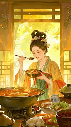 古风美人插画·吃火锅·大口吃肉吃菜@独角兽封面设计 淘宝可下单 (5)