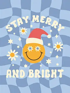 图源免费EPS |Stay Merry and Bright vector illustration with daisy flowers, smiling face in Santa hat on blue checkered background. Retro groovy print in style 70s, 80s.