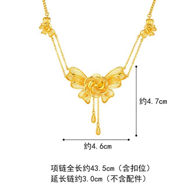六福珠宝花丝蝴蝶结黄金项链女婚嫁礼可刻字...