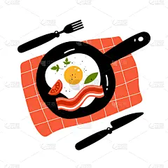 绘画插图,熏猪肉,锅,矢量,早晨,煎蛋,热,菜单,清新,背景分离