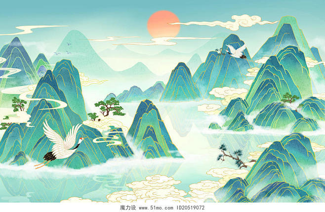 国潮浮云仙鹤太阳大树青绿山水插画国潮山水...