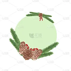 水彩手画冬季自然节日庆祝框架与绿色冷杉树枝，棕色锥和红色浆果和圈在白色背景上的邀请和贺卡