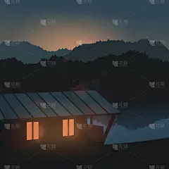 河上的夜景。矢量插图。湖边的房子