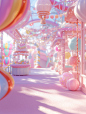 sunny, daylight, ray tracing, Leisure open space, In the ballon experience room of Amusement parks, there are many cute handicrafts in light purple light pink white, close shot, Oblique blur, 3D, C4D, UHD, 32K, blender, Quixel Megascans Render, high detai