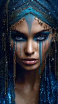 a woman with blue eye makeup and hair, in the style of realism with fantasy elements, dark teal and light bronze, water drops, yup'ik art, made of crystals, portraitures with hidden meanings, cyan and bronze