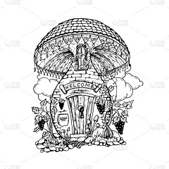 轮廓,房屋,食用菌,举起手,Porcini Mushroom,贺卡,直的,铅笔,云,绘制