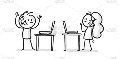 简笔画:家庭办公，在线学习，网络摄像头，对话