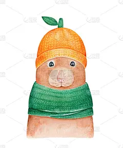 可爱的小老鼠宝宝戴着有趣的水果帽和绿色围巾的水彩插图。手绘水彩图形绘制，裁剪剪辑艺术元素的设计，贴纸