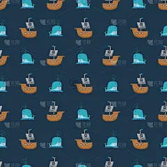 海盗船和鲸鱼无缝模式。可爱的涂鸦海盗素描。手绘卡通矢量插图