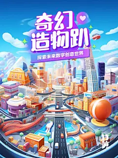 为了突出未来感，我使用了明亮的多巴胺色调和光效，整个场景充满了色彩科幻感，让人想要深入探索这个数字创意的奇幻世界。

设计关键词：an illustration of a city with large buildings and flying objects, in the style of nintencore, playful character design, miki asai, smooth and curved lines, duckcore, dynamic and action-pack