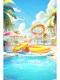 Using a reference image as an example, render a three-dimensional visualization scene, including a circular stage amusement park, roller coaster, swimming pool spray, coconut trees, bright yellow color, bright colors, and bright sunshine, blender, C4D,OC 