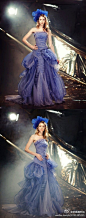 欧美潮时尚：蓝紫色+抹胸+褶皱+长拖尾~~~好美！