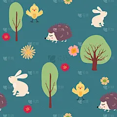 卡通无缝图案，为孩子的野兔，刺猬，小鸡在花和树。有趣的动物。无缝图案可用于壁纸、图案填充、网页背景、