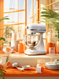 johnson mixer in front of windows with some plants, in the style of luminous 3d objects, honeycore, editorial illustrations, hallyu, light white and light orange, grocery art, camera tossing