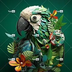 绿叶鹦鹉杂志封面，素描风格，纸雕