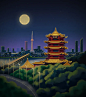 武汉黄鹤楼夜景插画 中国