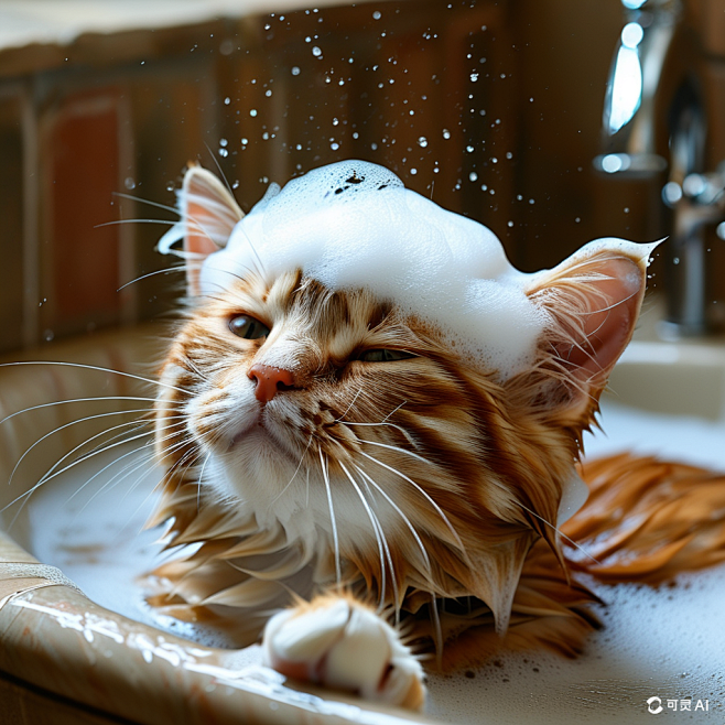 好看的猫咪在浴缸里洗澡_头上有泡沫