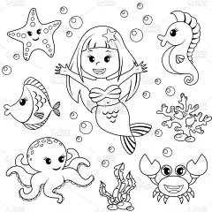美人鱼和海洋动物。鱼，海星，八达通海马. 