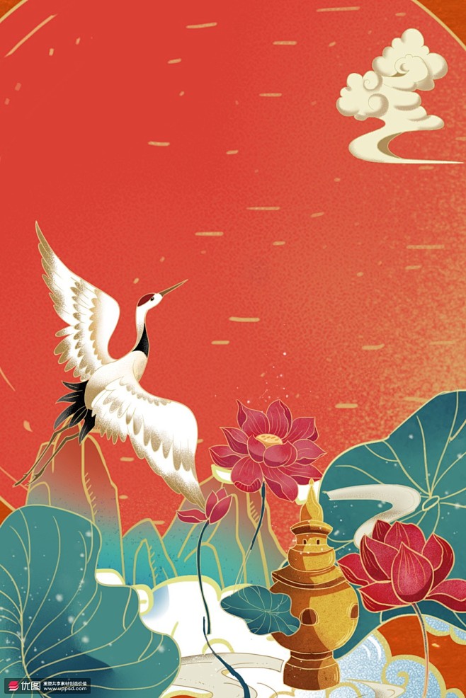 荷花仙鹤中国风东方红手绘国潮背景 海报招...