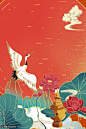 荷花仙鹤中国风东方红手绘国潮背景 海报招贴 中国风海报