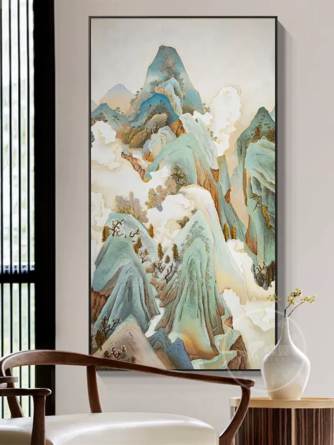 新中式入户玄关靠山装饰画掐丝珐琅彩手绘大气山水画客厅挂画走廊-tmall.com天猫-花瓣网
