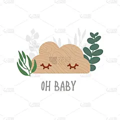 生态木制玩具云与桉树叶，可爱的孩子卡片，海报，传单。中性色插图孤立在白色。向量