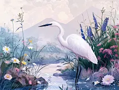简约唯美白鹭插画素材图AI图