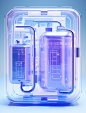 transparent plastic jars with boxes, buttons and labels for a sale, in the style of futuristic digital art, light violet and blue, circuitry, careful framing, steven holl, innovative page design, sebastian errazuriz