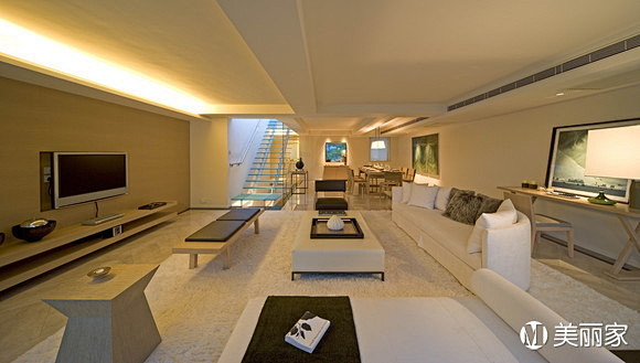 客厅现代橙色棕色现代客厅吊顶地毯沙发白L...