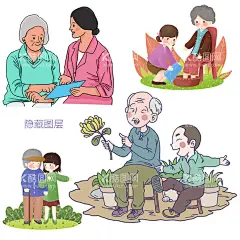 老人卡通  - 源文件下载【酷图网】老人,卡通,插画,关爱老人,关心老人,探望,孙子,子女,家人,亲人,陪伴,散步,洗脚,护士