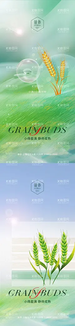 节气系列海报  - 源文件下载【酷图网】海报,二十四节气,小麦,五线谱,清新,小满,芒种,插画,