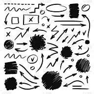 一套手画箭头和污渍。信息图的向量元素。白色背景上的黑色物体