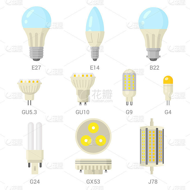 LED灯的灯泡矢量彩色图标设置