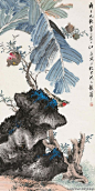 江寒汀《芭蕉小鸟》立轴 --- 江寒汀（1904-1963），江苏常熟虞山镇人。其风格走清代华岩一路，笔墨老到，色彩明丽，形象生动，构图稳健，对虚谷、任颐的画风深有研究，有“江虚谷”之称。戊子（1948年）作。(501×1000)