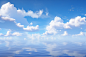 clouds over a blue sky above a small lake, in the style of physically based rendering, high-key lighting, highly polished surfaces, rendered in maya, high horizon lines, serene maritime themes, light silver and white