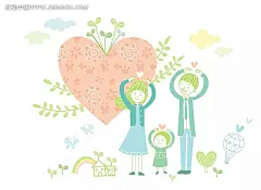 做心形手势的一家人卡通插画草地|插画|父母|孩子|红心|卡通|卡通人物|卡通人物图片|漫画人物|人物素材|人物图片|矢量人物|手绘|手势|树叶|水彩画|心形|一家人