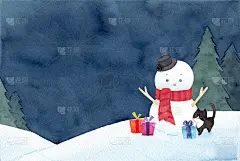 戴着帽子和红围巾的雪人。宁静的冬夜风光背景。水彩手绘插画。设计适合冬天、圣诞节、新年。