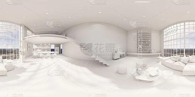 三维插图球形360 vr度，无缝全景的房间和公寓。室内设计3D渲染。接待在一个现代化的全景办公室素材-花瓣网