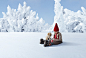 ELF, PUPPY AND CHRISTMAS GIFT IN SNOWY FOREST