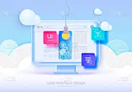 模型3D显示器与用户界面元素为网页设计软件创造者。用户界面，用户体验设计。一组用于创建UI和UX的工