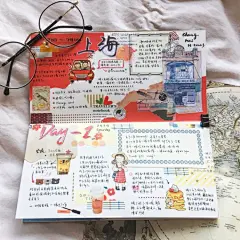 #给你看看我的手帐吧##what's in your notebook# 
一次游记（第N次上海行）

三天的行程憋出了四页，我要夸夸自己。
第一次尝试横版格式也是第一次铺大片色块！感觉还不错～
感觉自己词穷的真的很可以，除了好吃好玩好看没有其他形容词了
最后还会再去迪士尼的！！一定！！ ​​​​