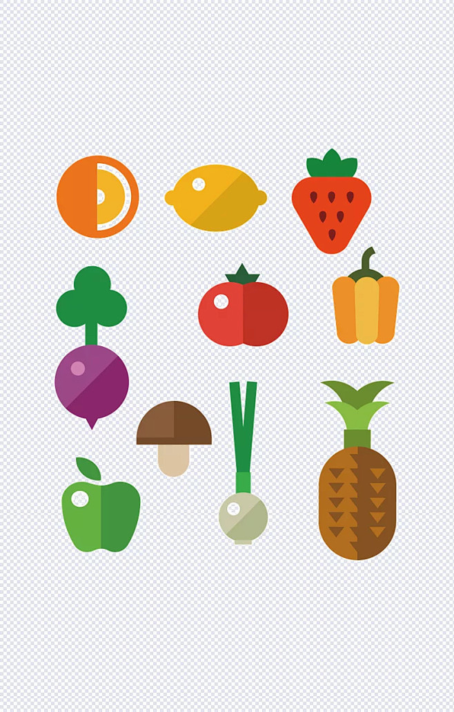 矢量扁平化水果蔬菜图标|草莓,菠萝,苹果...