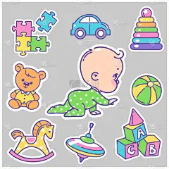 矢量收集的婴儿图标, 贴纸。可爱的小男孩或女孩爬行, 玩玩具。孩子在尿布与金字塔, 球, 熊。被隔离