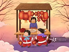 年俗插画腊月二十七赶大集横版
