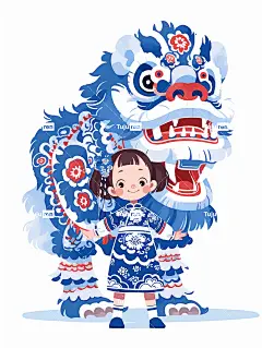 一个中国小女孩站在舞狮前 青花瓷海报