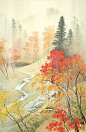 小島光径  四季の山水画 紅葉の山径 9/10月